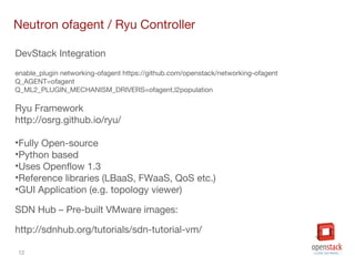 12
Neutron ofagent / Ryu Controller
DevStack Integration
enable_plugin networking-ofagent https://github.com/openstack/networking-ofagent
Q_AGENT=ofagent
Q_ML2_PLUGIN_MECHANISM_DRIVERS=ofagent,l2population
Ryu Framework
http://osrg.github.io/ryu/
•Fully Open-source
•Python based
•Uses Openflow 1.3
•Reference libraries (LBaaS, FWaaS, QoS etc.)
•GUI Application (e.g. topology viewer)
SDN Hub – Pre-built VMware images:
http://sdnhub.org/tutorials/sdn-tutorial-vm/
 