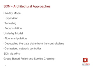 3
SDN - Architectural Approaches
Overlay Model
•Hypervisor
•Tunneling
•Encapsulation
Underlay Model
•Flow manipulation
•Decoupling the data plane from the control plane
•Centralized network controller
SDN via APIs
Group Based Policy and Service Chaining
 