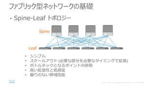 ファブリック型ネットワークの基礎
• Spine-Leaf トポロジー
Spine
Leaf
• シンプル
• スケールアウト (必要な部分を必要なタイミングで拡張)
• ボトルネックとなるポイントの排除
• 高い拡張性と低遅延
• 偏りのない帯域性能
 