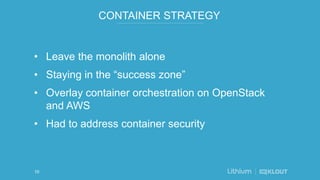 CONTAINER STRATEGY
• Leave the monolith alone
• Staying in the “success zone”
• Overlay container orchestration on OpenStack
and AWS
• Had to address container security
10
 