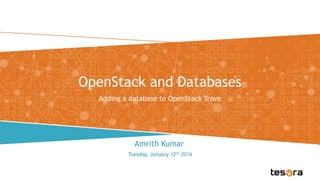 OpenStack and Databases
Adding a database to OpenStack Trove
Tuesday, January 12th 2016
Amrith Kumar
 