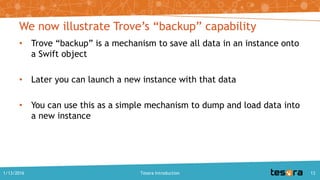 We now illustrate Trove’s “backup” capability
• Trove “backup” is a mechanism to save all data in an instance onto
a Swift object
• Later you can launch a new instance with that data
• You can use this as a simple mechanism to dump and load data into
a new instance
1/13/2016 Tesora Introduction 13
 
