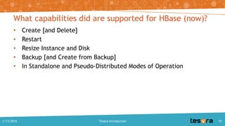 What capabilities did are supported for HBase (now)?
• Create [and Delete]
• Restart
• Resize Instance and Disk
• Backup [and Create from Backup]
• In Standalone and Pseudo-Distributed Modes of Operation
1/13/2016 Tesora Introduction 15
 