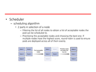 • Scheduler
– scheduling algorithm
• 2 parts in selection of a node
– Filtering the list of all nodes to obtain a list of acceptable nodes the
pod can be scheduled to.
– Prioritizing the acceptable nodes and choosing the best one. If
multiple nodes have the highest score, round-robin is used to ensure
pods are deployed across all of them evenly.
 
