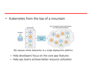 • Kubernetes from the top of a mountain
– Help developers focus on the core app features
– Help ops teams achieve better resource utilization
K8s exposes whole datacenter as a single deployment platform.
 