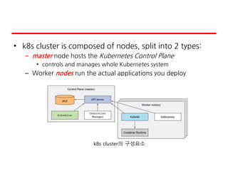 • k8s cluster is composed of nodes, split into 2 types:
– master node hosts the Kubernetes Control Plane
• controls and manages whole Kubernetes system
– Worker nodes run the actual applications you deploy
k8s cluster의 구성요소
 