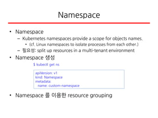 Namespace
• Namespace
– Kubernetes namespaces provide a scope for objects names.
• (cf. Linux namespaces to isolate processes from each other.)
– 필요성: split up resources in a multi-tenant environment
• Namespace 생성
• Namespace 를 이용한 resource grouping
$ kubectl get ns
apiVersion: v1
kind: Namespace
metadata:
name: custom-namespace
 
