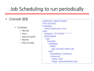 Job Scheduling to run periodically
• CronJob 생성
• 5 entries:
– Minute
– Hour
– Day of month
– Month
– Day of week.
apiVersion: batch/v1beta1
kind: CronJob
metadata:
name: batch-job-3-min
spec:
schedule: "0,15,30,45 * * * *"
jobTemplate:
spec:
template:
metadata:
labels:
app: periodic-batch-job
spec:
restartPolicy: OnFailure
containers:
- name: main
image: openwith/batch-job
 