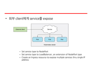 • 외부 client에게 service를 expose
– Set service type to NodePort
– Set service type to LoadBalancer, an extension of NodePort type
– Create an Ingress resource to expose multiple services thru single IP
address
 