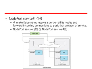 • NodePort service의 이용
–  make Kubernetes reserve a port on all its nodes and
forward incoming connections to pods that are part of service.
– NodePort service 생성 및 NodePort service 확인
 
