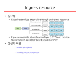 Ingress resource
• 필요성
– Exposing services externally through an Ingress resource
– Ingresses operate at application layer (HTTP) and provide
features such as cookie-based session affinity
• 생성과 이용
$ kubectl get ingresses
$ curl http://mykub.example.com
 