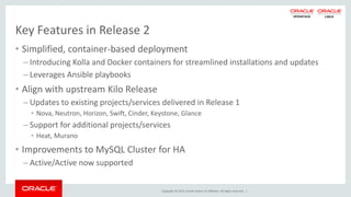 Copyright © 2015, Oracle and/or its affiliates. All rights reserved. |
Key Features in Release 2
• Simplified, container-based deployment
– Introducing Kolla and Docker containers for streamlined installations and updates
– Leverages Ansible playbooks
• Align with upstream Kilo Release
– Updates to existing projects/services delivered in Release 1
• Nova, Neutron, Horizon, Swift, Cinder, Keystone, Glance
– Support for additional projects/services
• Heat, Murano
• Improvements to MySQL Cluster for HA
– Active/Active now supported
 