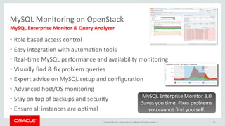 Copyright © 2015, Oracle and/or its affiliates. All rights reserved. |
MySQL Monitoring on OpenStack
• Role based access control
• Easy integration with automation tools
• Real-time MySQL performance and availability monitoring
• Visually find & fix problem queries
• Expert advice on MySQL setup and configuration
• Advanced host/OS monitoring
• Stay on top of backups and security
• Ensure all instances are optimal
MySQL Enterprise Monitor & Query Analyzer
MySQL Enterprise Monitor 3.0
Saves you time. Fixes problems
you cannot find yourself.
44
 