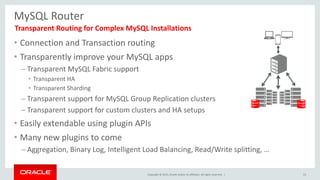 Copyright © 2015, Oracle and/or its affiliates. All rights reserved. |
• Connection and Transaction routing
• Transparently improve your MySQL apps
– Transparent MySQL Fabric support
• Transparent HA
• Transparent Sharding
– Transparent support for MySQL Group Replication clusters
– Transparent support for custom clusters and HA setups
• Easily extendable using plugin APIs
• Many new plugins to come
– Aggregation, Binary Log, Intelligent Load Balancing, Read/Write splitting, …
53
MySQL Router
Transparent Routing for Complex MySQL Installations
 