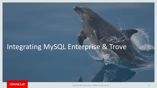 Copyright © 2015, Oracle and/or its affiliates. All rights reserved. |
Integrating MySQL Enterprise & Trove
57
 