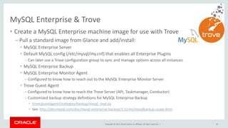 Copyright © 2015, Oracle and/or its affiliates. All rights reserved. |
MySQL Enterprise & Trove
58
• Create a MySQL Enterprise machine image for use with Trove
– Pull a standard image from Glance and add/install:
• MySQL Enterprise Server
• Default MySQL config (/etc/mysql/my.cnf) that enables all Enterprise Plugins
– Can later use a Trove configuration group to sync and manage options across all instances
• MySQL Enterprise Backup
• MySQL Enterprise Monitor Agent
– Configured to know how to reach out to the MySQL Enterprise Monitor Server
• Trove Guest Agent
– Configured to know how to reach the Trove Server (API, Taskmanager, Conductor)
– Customized backup strategy definitions for MySQL Enterprise Backup
• trove/guestagent/strategies/backup/mysql_impl.py
• See: http://dev.mysql.com/doc/mysql-enterprise-backup/3.12/en/mysqlbackup.usage.html
 