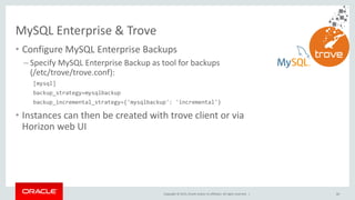 Copyright © 2015, Oracle and/or its affiliates. All rights reserved. |
• Configure MySQL Enterprise Backups
– Specify MySQL Enterprise Backup as tool for backups
(/etc/trove/trove.conf):
[mysql]
backup_strategy=mysqlbackup
backup_incremental_strategy={'mysqlbackup': 'incremental'}
• Instances can then be created with trove client or via
Horizon web UI
MySQL Enterprise & Trove
60
 