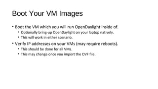 Boot Your VM Images
• Boot the VM which you will run OpenDaylight inside of.
• Optionally bring-up OpenDaylight on your laptop natively.
• This will work in either scenario.

• Verify IP addresses on your VMs (may require reboots).
• This should be done for all VMs.
• This may change once you import the OVF file.

 