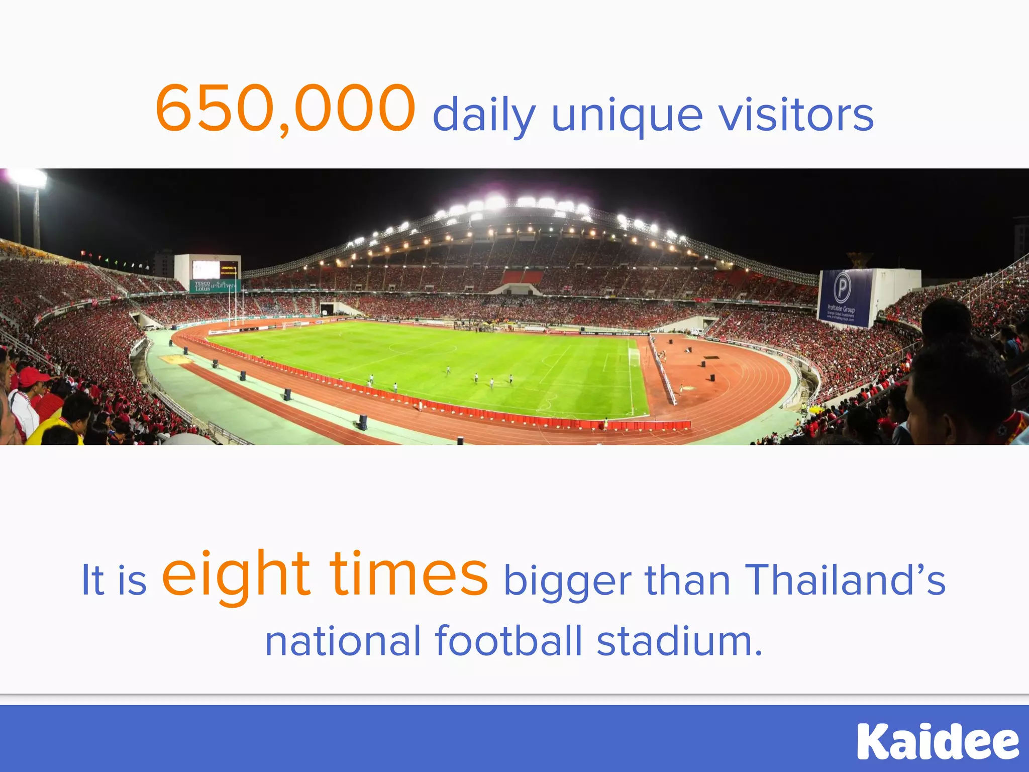 650,000 daily unique visitors
It is eight times bigger than Thailand’s
national football stadium.
 
