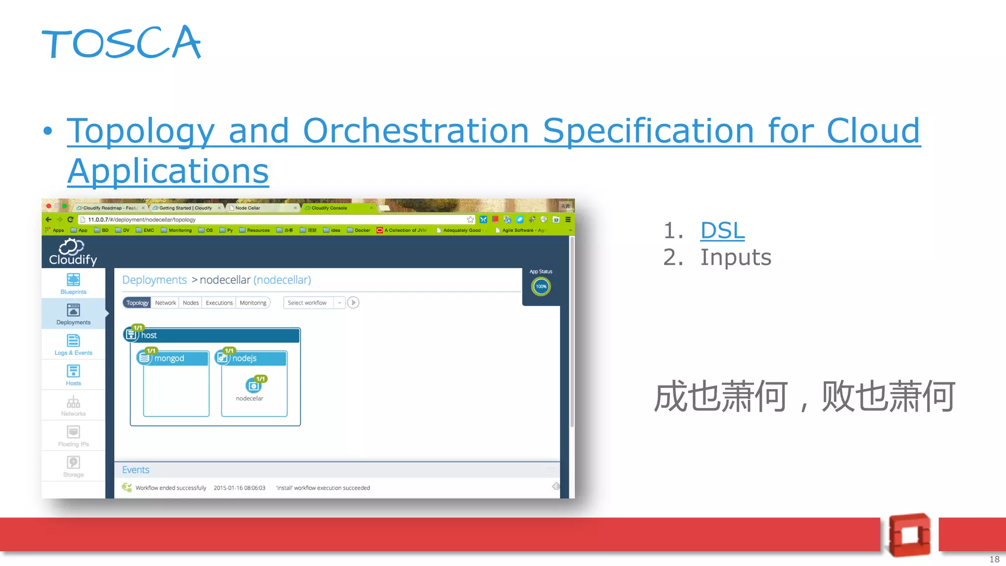 18
• Topology and Orchestration Specification for Cloud
Applications
TOSCA
1. DSL
2. Inputs
成也萧何，败也萧何
 