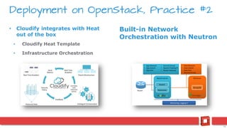 16
• Cloudify integrates with Heat
out of the box
• Cloudify Heat Template
• Infrastructure Orchestration
Built-in Network
Orchestration with Neutron
Deployment on OpenStack, Practice #2
 