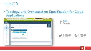 18
• Topology and Orchestration Specification for Cloud
Applications
TOSCA
1. DSL
2. Inputs
成也萧何，败也萧何
 