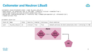 Cisco Confidential ‹#›© 2013-2014 Cisco and/or its affiliates. All rights reserved.
Ceilometer and Neutron LBaaS
5"
API"
alarm"
evaluator"
alarm"
evaluator"
Alarm"
ceilometer alarm-threshold-create --name lb_conn_rate_hi !
--description 'lb connection rate is too high' --severity critical --enabled True !
--meter-name network.services.lb.total.connections.rate !
--period 60 --evaluation-periods 3 --statistic avg --comparison-operator gt --threshold 2.0 !
--repeat-actions True!
ceilometer alarm-list!
+----------+-----------------+--------+----------+---------+------------+-----------------------------------------------------------------+!
| Alarm ID | Name | State | Severity | Enabled | Continuous | Alarm condition |!
+----------+-----------------+--------+----------+---------+------------+-----------------------------------------------------------------+!
| uuid | lb_conn_rate_hi | ok | critical | True | True | network.services.lb.total.connections.rate > 2.0 during 3 x 60s |!
+----------+-----------------+--------+----------+---------+------------+-----------------------------------------------------------------+!
 