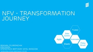 NFV - transformation
Journey
Agile
Data
Centric
Elastic
Automated
Trusted
Policy
DrivenMikhail Filimonchik
Ericsson
OpenStack Birthday 2016, Moscow
OpenStack Birthday | © Ericsson | Mikhail Filimonchik | 28.07.2016
 