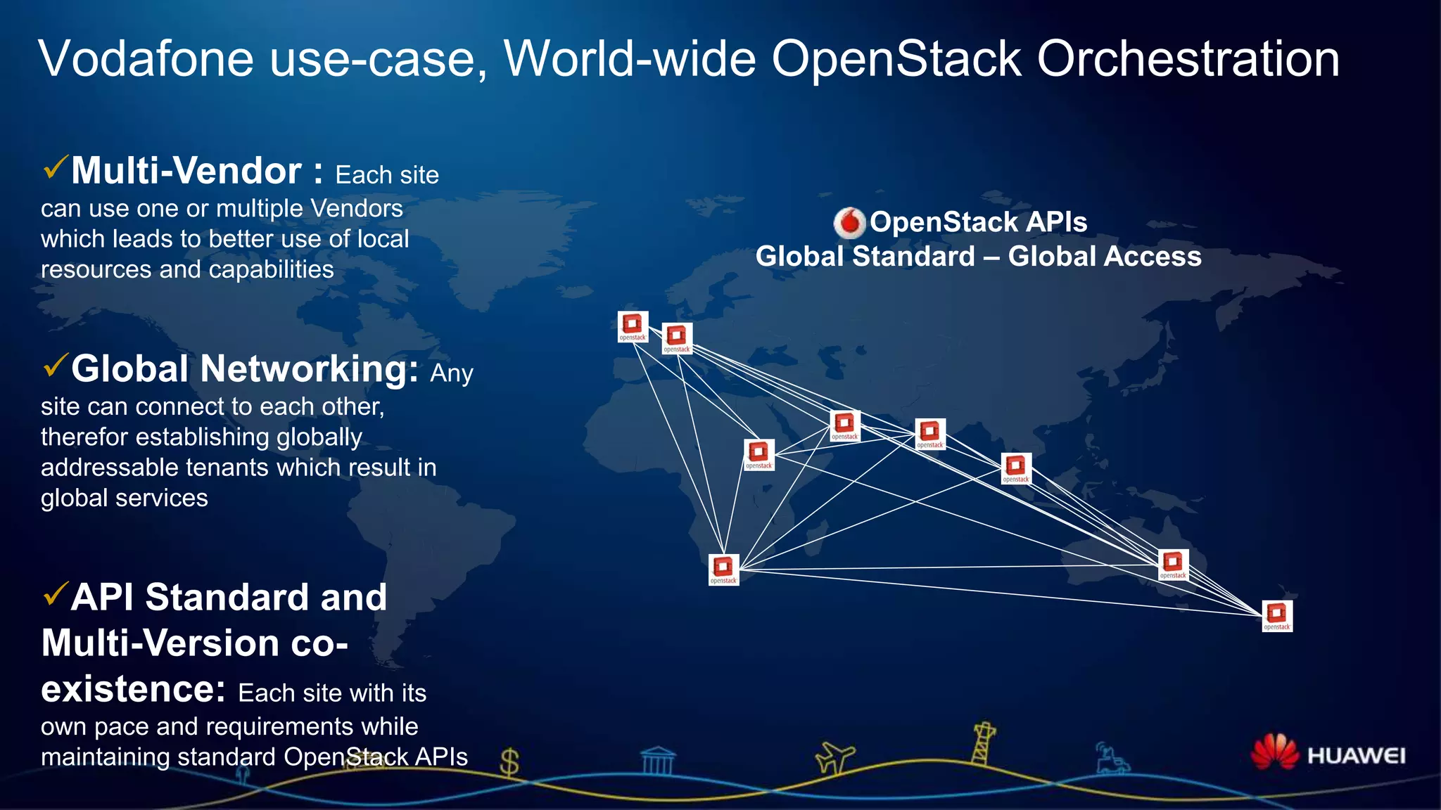 Page 9
Vodafone use-case, World-wide OpenStack Orchestration
Multi-Vendor : Each site
can use one or multiple Vendors
which leads to better use of local
resources and capabilities
Global Networking: Any
site can connect to each other,
therefor establishing globally
addressable tenants which result in
global services
API Standard and
Multi-Version co-
existence: Each site with its
own pace and requirements while
maintaining standard OpenStack APIs
OpenStack APIs
Global Standard – Global Access
 