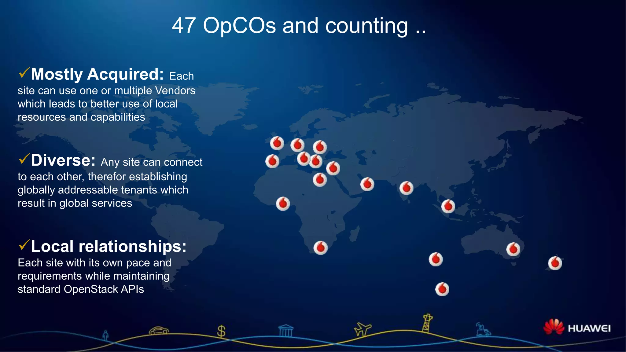 Page 8
47 OpCOs and counting ..
Mostly Acquired: Each
site can use one or multiple Vendors
which leads to better use of local
resources and capabilities
Diverse: Any site can connect
to each other, therefor establishing
globally addressable tenants which
result in global services
Local relationships:
Each site with its own pace and
requirements while maintaining
standard OpenStack APIs
 