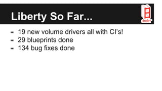 Liberty So Far...
⑉ 19 new volume drivers all with CI’s!
⑉ 29 blueprints done
⑉ 134 bug fixes done