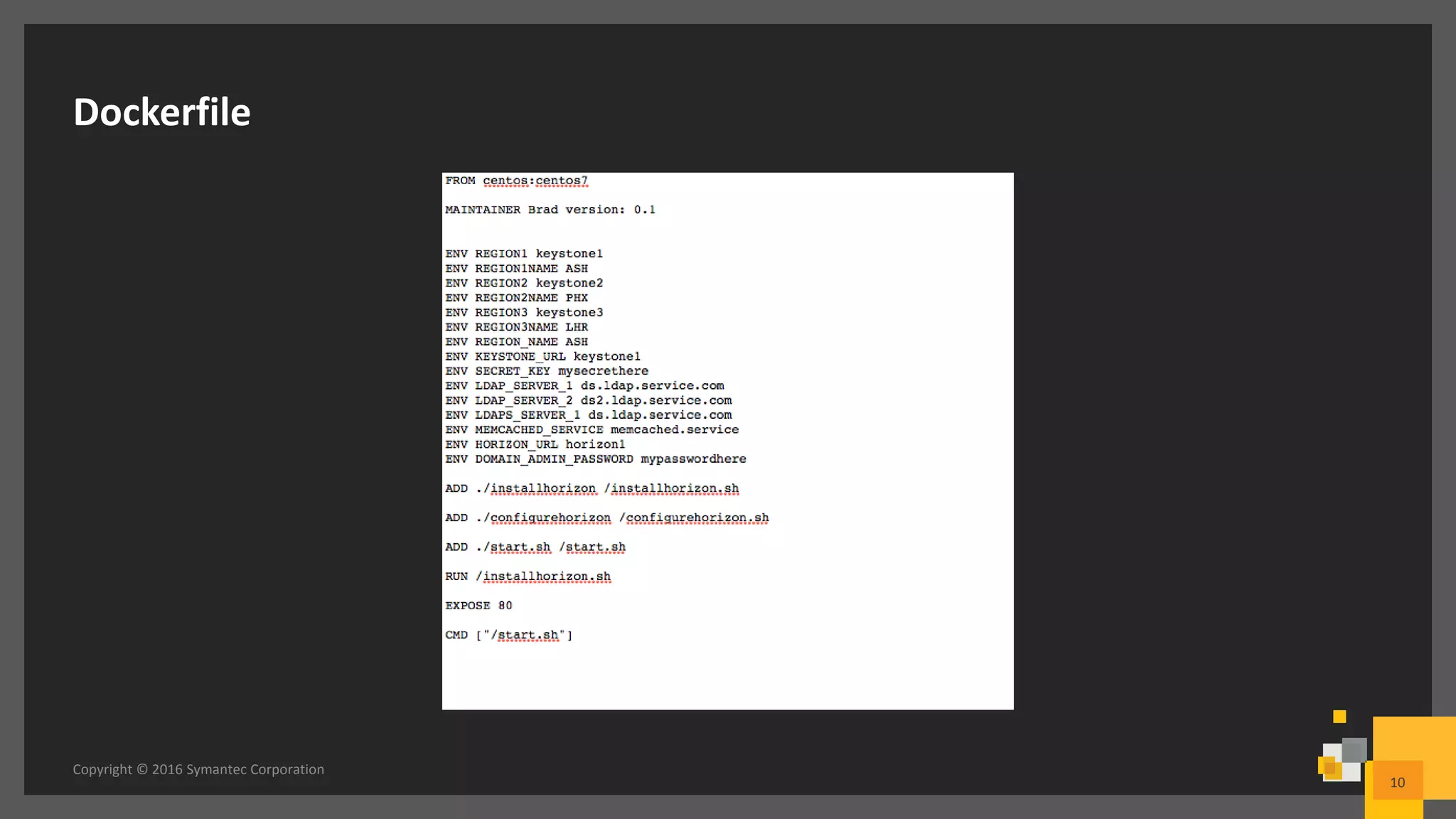 Dockerfile
Copyright © 2016 Symantec Corporation
10
 