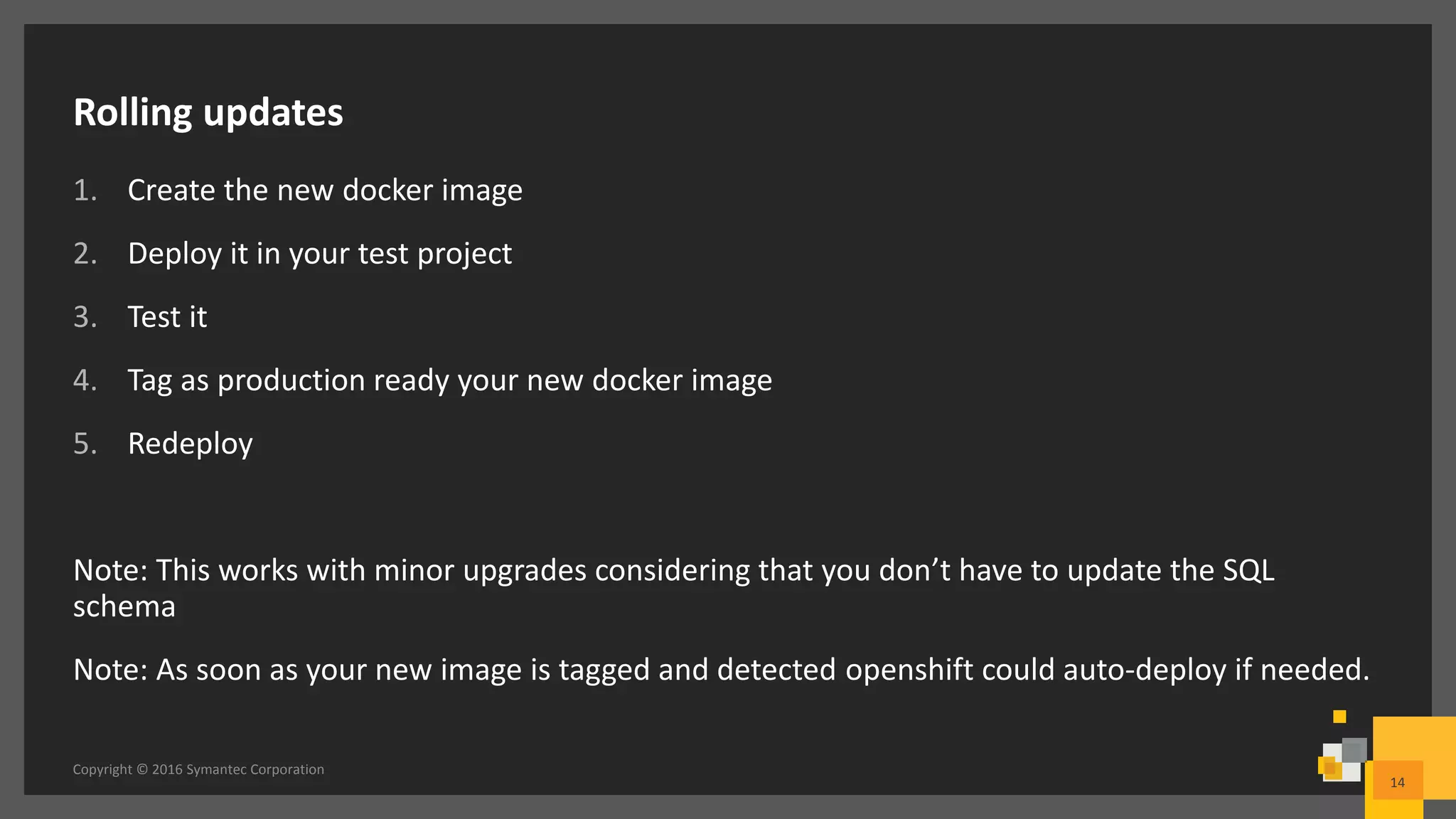 Rolling updates
1. Create the new docker image
2. Deploy it in your test project
3. Test it
4. Tag as production ready your new docker image
5. Redeploy
Note: This works with minor upgrades considering that you don’t have to update the SQL
schema
Note: As soon as your new image is tagged and detected openshift could auto-deploy if needed.
Copyright © 2016 Symantec Corporation
14
 