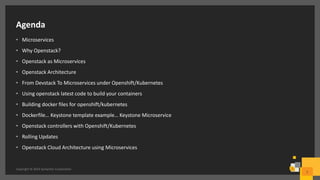 Agenda
• Microservices
• Why Openstack?
• Openstack as Microservices
• Openstack Architecture
• From Devstack To Microservices under Openshift/Kubernetes
• Using openstack latest code to build your containers
• Building docker files for openshift/kubernetes
• Dockerfile… Keystone template example… Keystone Microservice
• Openstack controllers with Openshift/Kubernetes
• Rolling Updates
• Openstack Cloud Architecture using Microservices
Copyright © 2016 Symantec Corporation
2
 