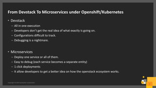 From Devstack To Microservices under Openshift/Kubernetes
• Devstack
– All in one execution
– Developers don’t get the real idea of what exactly is going on.
– Configurations difficult to track.
– Debugging is a nightmare.
• Microservices
– Deploy one service or all of them.
– Easy to debug (each service becomes a separate entity)
– 1 click deployments
– It allow developers to get a better idea on how the openstack ecosystem works.
Copyright © 2016 Symantec Corporation
7
 
