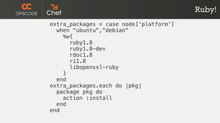Ruby!
extra_packages = case node['platform']
  when "ubuntu","debian"
    %w{
      ruby1.8
      ruby1.8-dev
      rdoc1.8
      ri1.8
      libopenssl-ruby
    }
  end
extra_packages.each do |pkg|
  package pkg do
    action :install
  end
end
 
