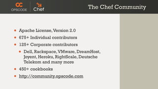 The Chef Community



•   Apache License, Version 2.0
•   675+ Individual contributors
•   125+ Corporate contributors
    •   Dell, Rackspace, VMware, DreamHost,
        Joyent, Heroku, RightScale, Deutsche
        Telekom and many more
•   450+ cookbooks
•   http://community.opscode.com
 