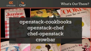 What's Out There?




openstack-cookbooks
   openstack-chef
     Resources
   chef-openstack
      crowbar
 
