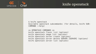 knife openstack



$ knife openstack
Available openstack subcommands: (for details, knife SUB-
COMMAND --help)

** OPENSTACK COMMANDS **
knife openstack flavor list (options)
knife openstack image list (options)
knife openstack server create (options)
knife openstack server delete SERVER [SERVER] (options)
knife openstack server list (options)
 