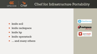 Chef for Infrastructure Portability




•   knife ec2
•   knife rackspace
•   knife hp
•   knife openstack
•   ... and many others
 