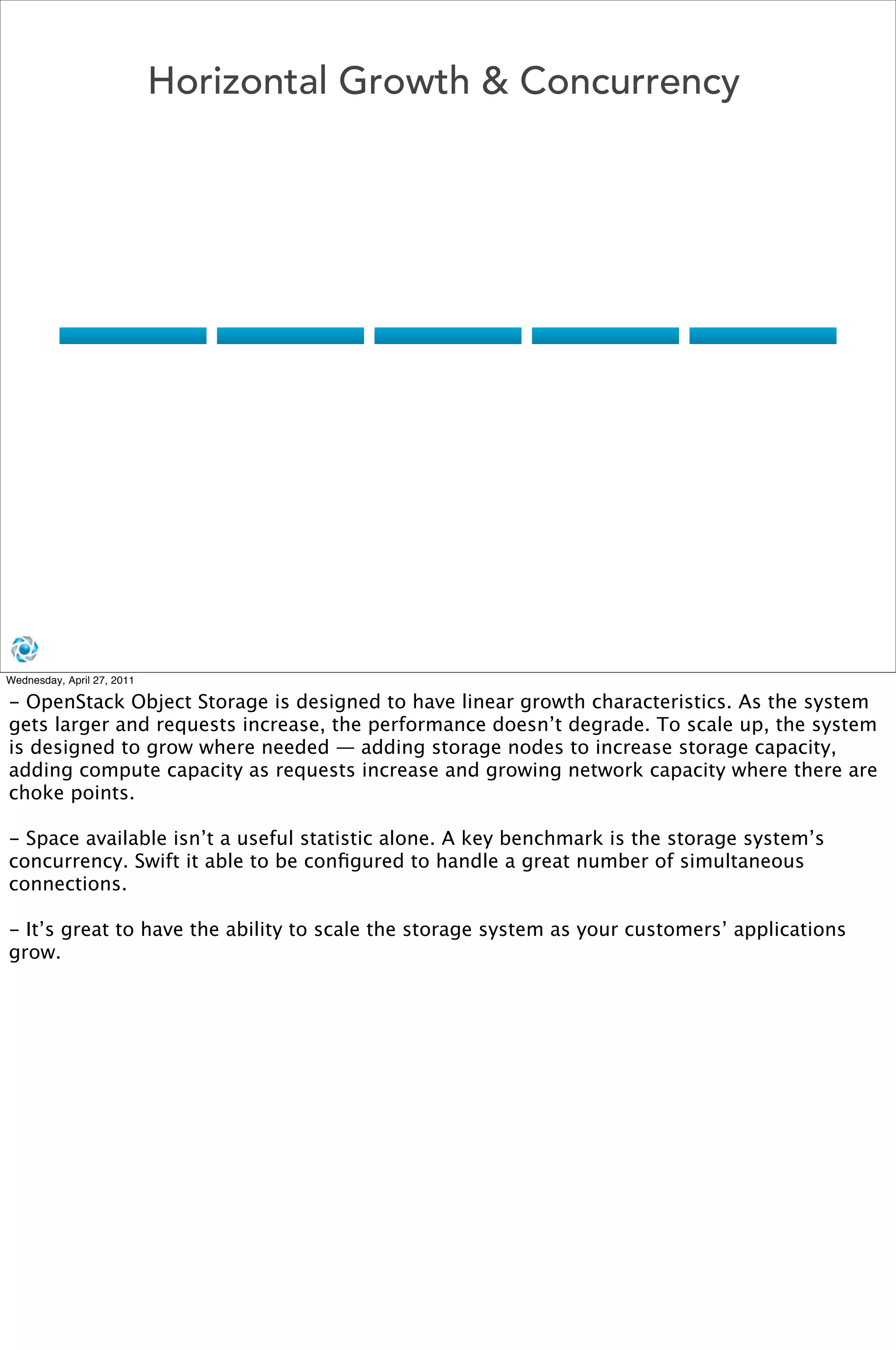 Horizontal Growth & Concurrency




Wednesday, April 27, 2011

- OpenStack Object Storage is designed to have linear growth characteristics. As the system
gets larger and requests increase, the performance doesn’t degrade. To scale up, the system
is designed to grow where needed — adding storage nodes to increase storage capacity,
adding compute capacity as requests increase and growing network capacity where there are
choke points.

- Space available isn’t a useful statistic alone. A key benchmark is the storage system’s
concurrency. Swift it able to be conﬁgured to handle a great number of simultaneous
connections.

- It’s great to have the ability to scale the storage system as your customers’ applications
grow.
 