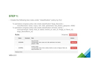 STEP 1:
•  Create the following two rules under “classification” policy by CLI:
22
% openstack congress policy rule create classification 'large_flavor(id) :-
nova:flavors(id, name, vcpus, ram, disk, ephemeral, rxtx_factor), gteq(ram, 4096)'
% openstack congress policy rule create classification 'error(id, name) :-
nova:servers(id, name, host_id, status, tenant_id, user_id, image_id, flavor_id),
large_flavor(flavor_id)'
 