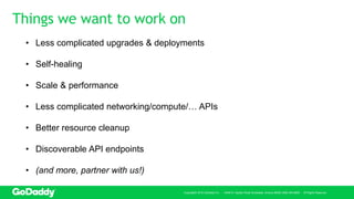 Things we want to work on
Copyright© 2016 GoDaddy Inc. · 14455 N. Hayden Road Scottsdale, Arizona 85260 (480) 505-8800 · All Rights Reserved.
• Less complicated upgrades & deployments
• Self-healing
• Scale & performance
• Less complicated networking/compute/… APIs
• Better resource cleanup
• Discoverable API endpoints
• (and more, partner with us!)
 