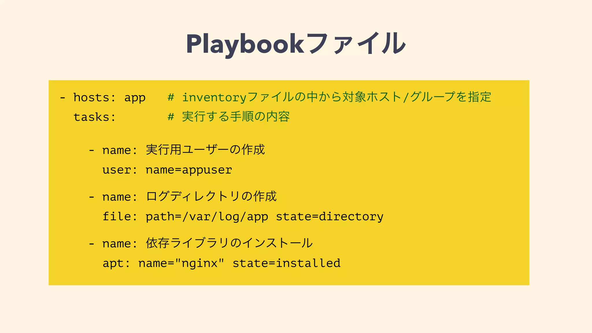Playbookファイル
- hosts: app # inventoryファイルの中から対象ホスト/グループを指定
tasks: # 実行する手順の内容
!
- name: 実行用ユーザーの作成
user: name=appuser
!
- name: ログディレクトリの作成
file: path=/var/log/app state=directory
!
- name: 依存ライブラリのインストール
apt: name="nginx" state=installed
 