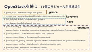 OpenStackを使う - 11個のモジュールが標準添付
• glance_image - Add/Delete images from glance
• keystone_user - Manage OpenStack Identity (keystone) users, tenants and roles
• nova_compute - Create/Delete VMs from OpenStack
• nova_keypair - Add/Delete key pair from nova
• quantum_ﬂoating_ip - Add/Remove ﬂoating IP from an instance
• quantum_ﬂoating_ip_associate - Associate or disassociate a particular ﬂoating IP with an instance
• quantum_network - Creates/Removes networks from OpenStack
• quantum_router - Create or Remove router from openstack
• quantum_router_gateway - set/unset a gateway interface for the router with the speciﬁed external network
• quantum_router_interface - Attach/Dettach a subnet’s interface to a router
• quantum_subnet - Add/remove subnet from a network
keystone
nova
quantum
glance
 