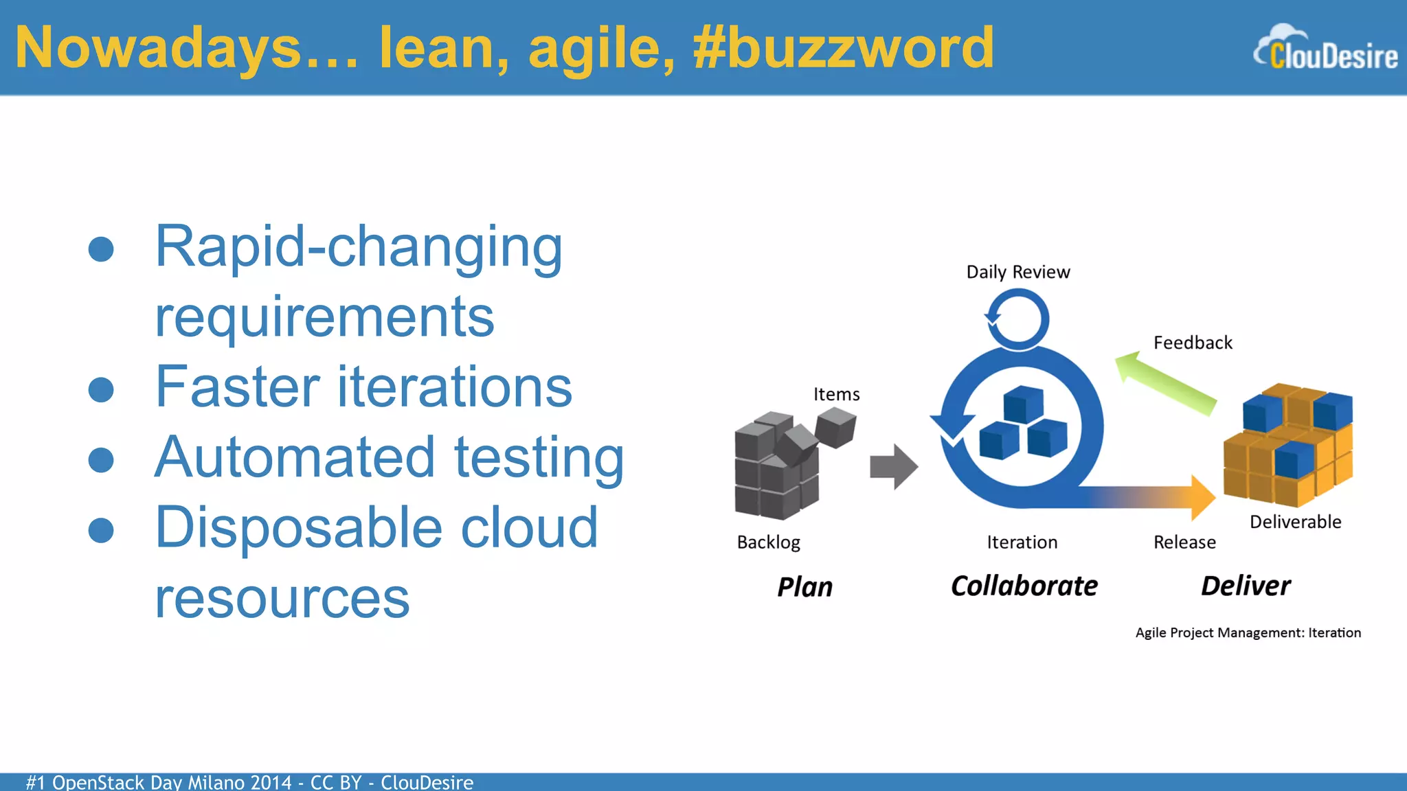 #1 OpenStack Day Milano 2014 - CC BY - ClouDesire
Nowadays… lean, agile, #buzzword
● Rapid-changing
requirements
● Faster iterations
● Automated testing
● Disposable cloud
resources
 