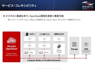 Copyright © 2016 Mirantis, Inc. All rights reserved
サービス・フレキシビリティ
 ビジネスに最適な形で、OpenStack環境を柔軟に構築可能
例）ハイパーバイザーとして VMware を使用する、Apache Spark でビッグデータ解析を行う etc.
 