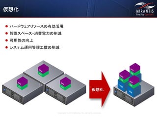 Copyright © 2016 Mirantis, Inc. All rights reserved
仮想化
 ハードウェアリソースの有効活用
 設置スペース・消費電力の削減
 可用性の向上
 システム運用管理工数の削減
仮想化
 