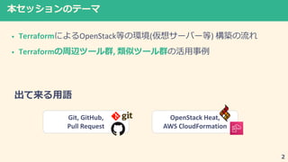 • Terraform OpenStack ( )
• Terraform 2 ,
Git, GitHub,
Pull Request
OpenStack Heat,
AWS CloudFormation
 
