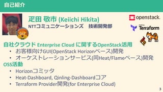 (Keiichi Hikita)
NTT 3
Enterprise Cloud OpenStack
• GUI(OpenStack Horizon )
• ( Heat/Flame )
OSS
• Horizon
• Heat-Dashboard, Qinling-Dashboard
• Terraform Provider (for Enterprise Cloud)
 